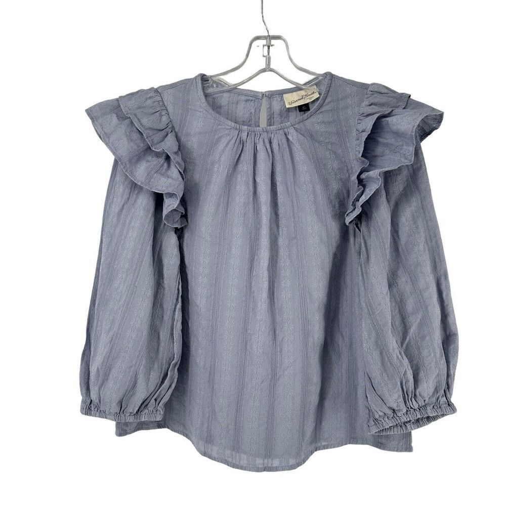 Universal Thread Top Blue Dramatic Double Ruffle Shoulder Size XS 3/4 Sleeve Top